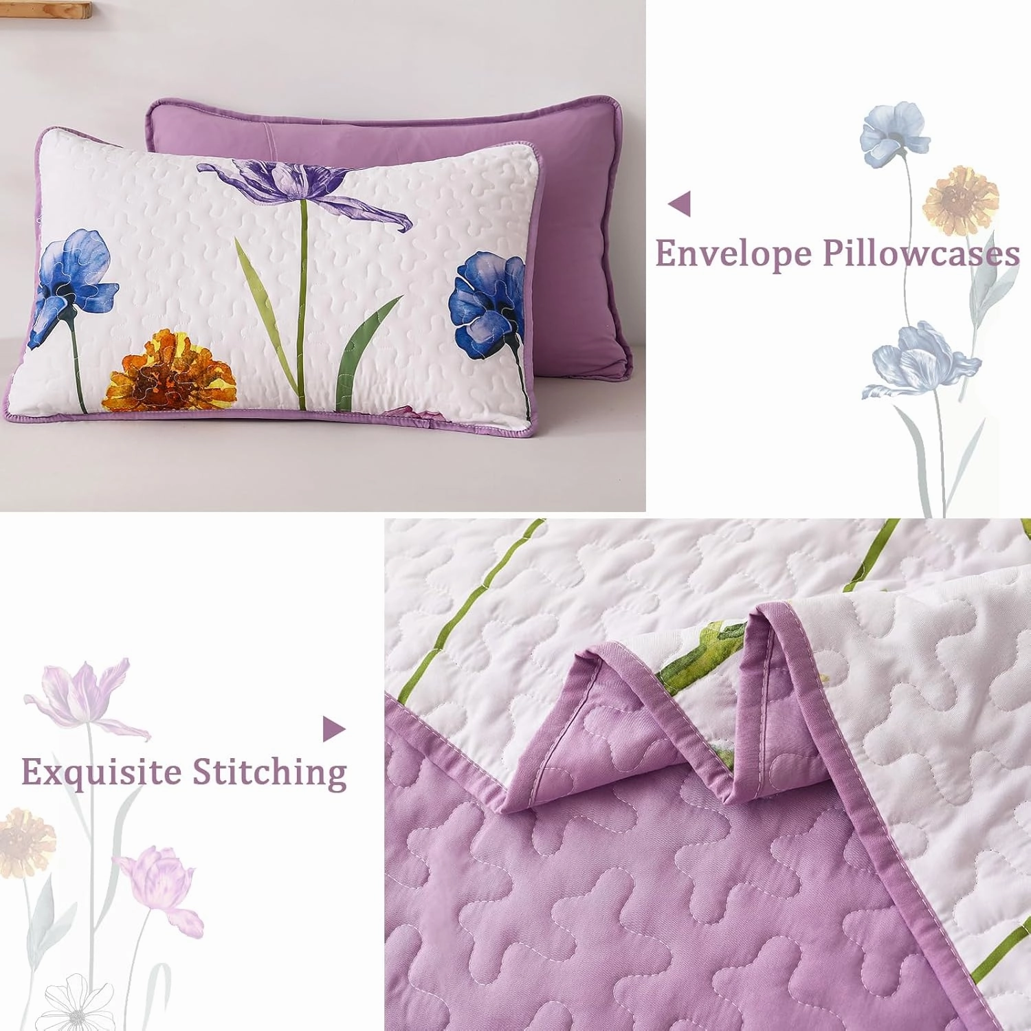 WONGS BEDDING Purple Quilt Set King,3 Pieces Purple Blue Floral Bedspread Coverlet Set, Lightweight Spring Farmhouse Cute Botanical Quilts Bedding Set (104"x90")