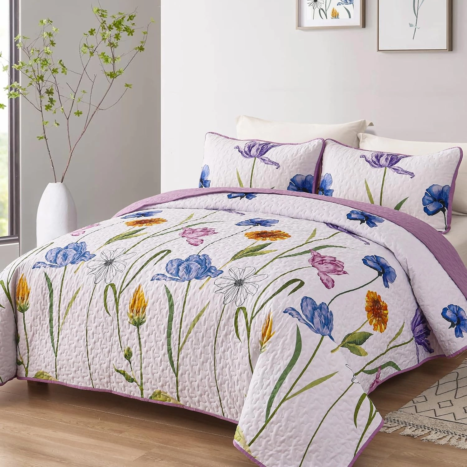 WONGS BEDDING Purple Quilt Set King,3 Pieces Purple Blue Floral Bedspread Coverlet Set, Lightweight Spring Farmhouse Cute Botanical Quilts Bedding Set (104"x90")