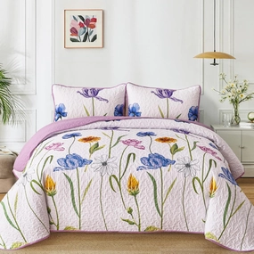 WONGS BEDDING Purple Quilt Set King,3 Pieces Purple Blue Floral Bedspread Coverlet Set, Lightweight Spring Farmhouse Cute Botanical Quilts Bedding Set (104"x90")