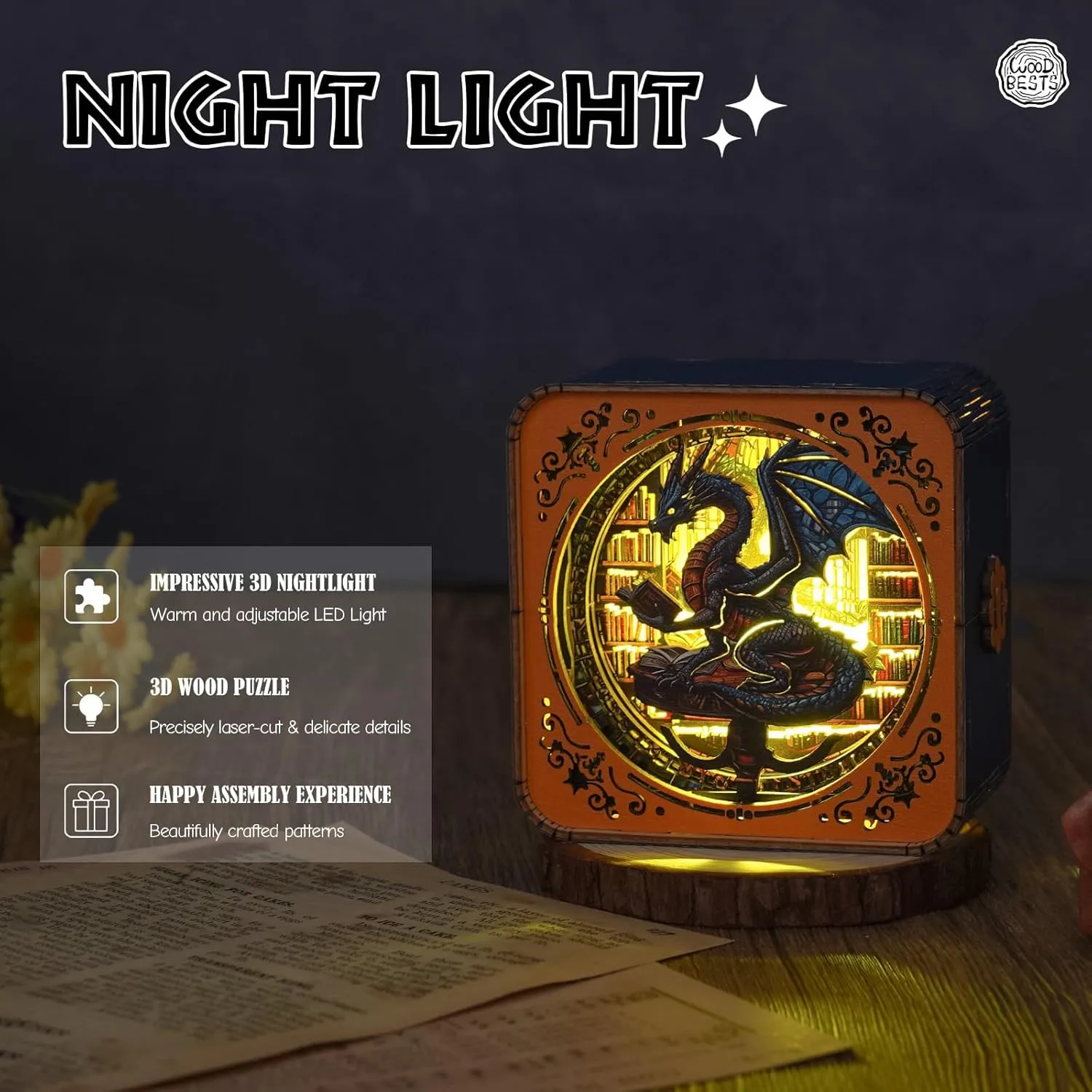 WOODBESTS Wooden Puzzles 3D Nightlight(Library's Dragon) DIY Wooden Puzzles for Adults-3D Wooden Puzzle Night Light for Seniors-Exquisite Desk Decor for DIY Puzzle Lovers