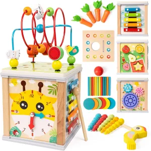 Wooden Activity Cube | 10-in-1 Montessori Toys | Multipurpose Baby Educational Developmental Toy | Bonus Shape sorter & Ball Coin Stick Drop Game | Birthday Gift for Baby Boys Girls