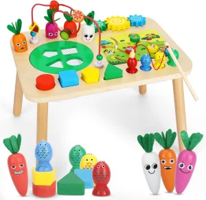 Wooden Activity Table for 1  Years Old Girls Boys, 7-in-1 Montessori Toys With Fishing Game, Bead Maze, Shape Sorter, Baby Sensory Toddler Toys, Kids First Birthday Gift (Green)