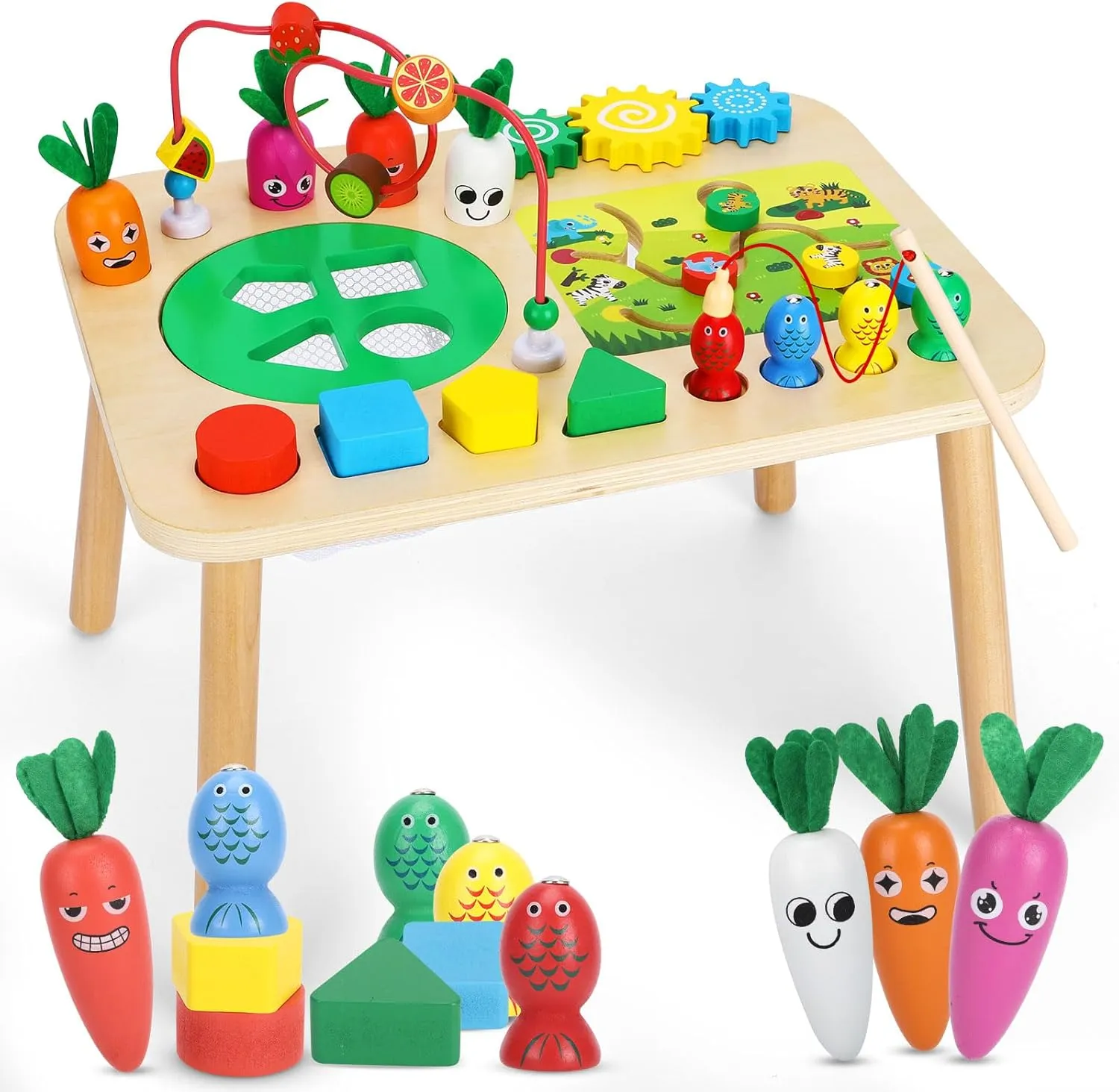 Wooden Activity Table for 1  Years Old Girls Boys, 7-in-1 Montessori Toys With Fishing Game, Bead Maze, Shape Sorter, Baby Sensory Toddler Toys, Kids First Birthday Gift (Green)