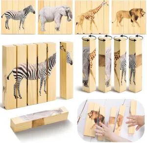 Wooden Animal Chunky Puzzles 4 in 1 Safari Animal Block Puzzle Toy Science Educational Matching Game for Homeschool Preschool Boys and Girls