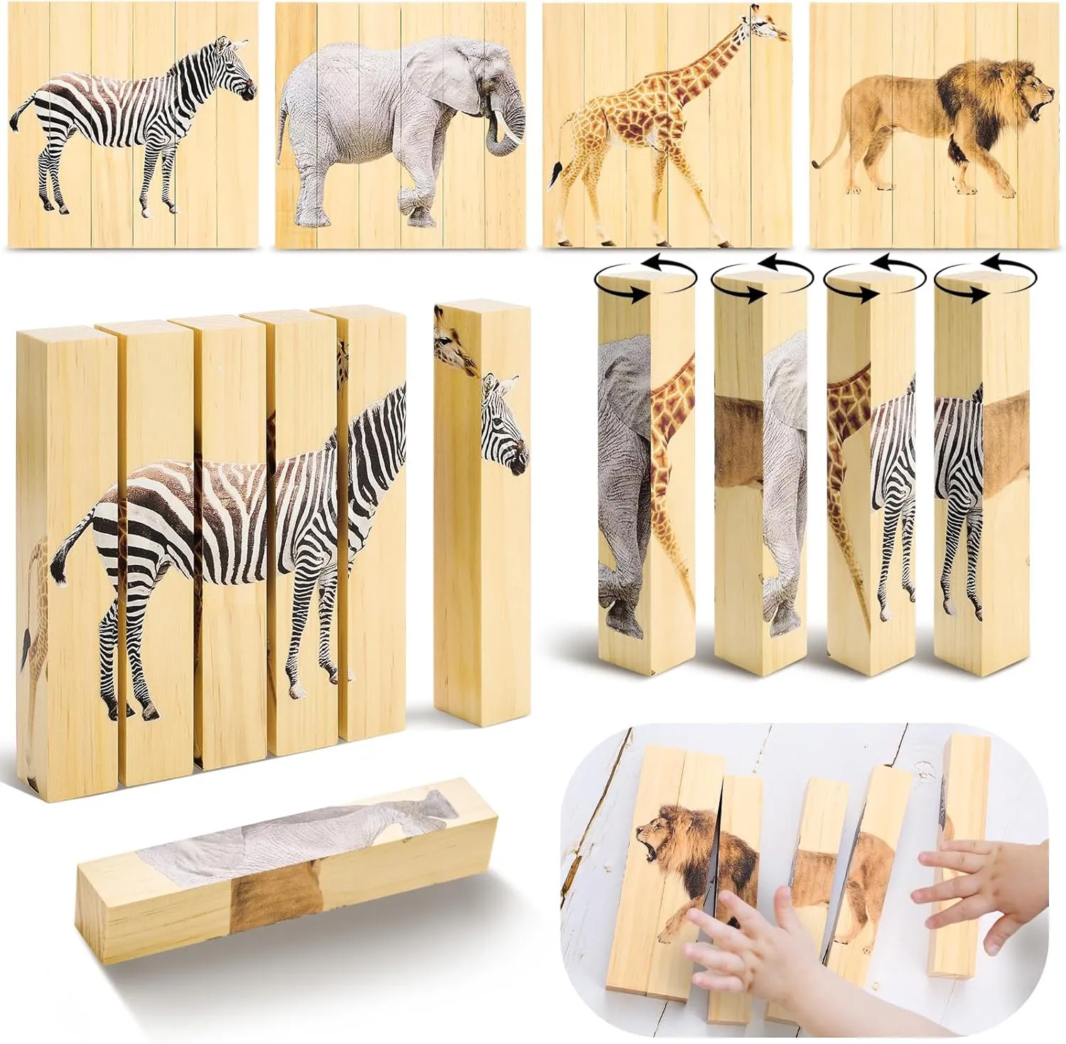 Wooden Animal Chunky Puzzles 4 in 1 Safari Animal Block Puzzle Toy Science Educational Matching Game for Homeschool Preschool Boys and Girls