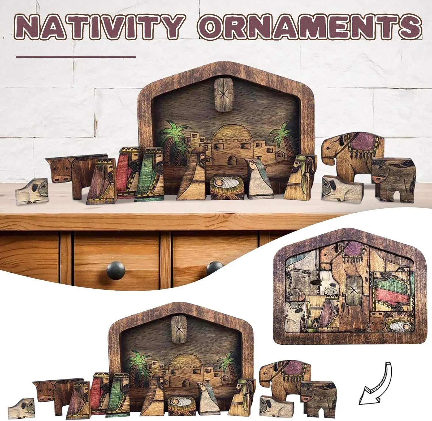 Wooden Jesus Puzzle Statue, Nativity Puzzle with Wood Burned Design, Jesus Puzzles, Nativity Set, Jigsaw Puzzle Game for Adults and Kids, Home Decor, Birthday Present Gifts (Large (11.9 x 7.9))