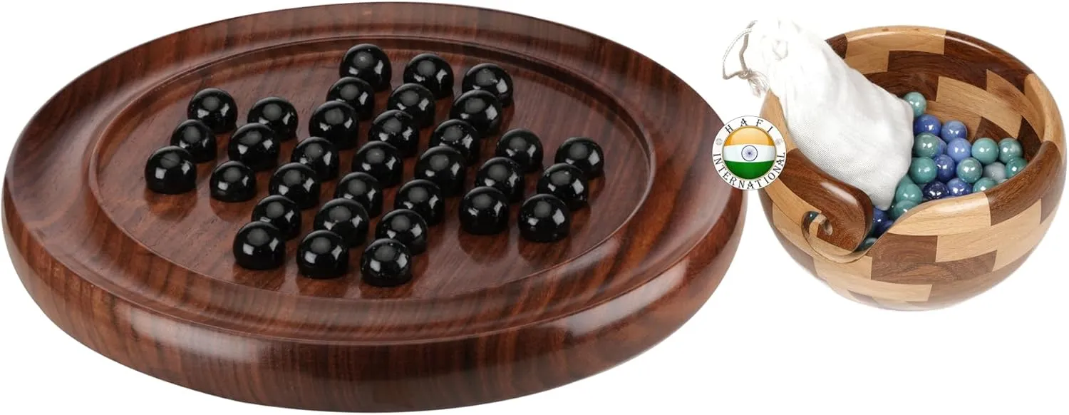 Wooden Marble Solitaire Board Game - Premium Handcrafted Classic Puzzle Marbles, Brain Teaser for Adults & Kids, or Coffee Table Decor Portable Solo Strategy