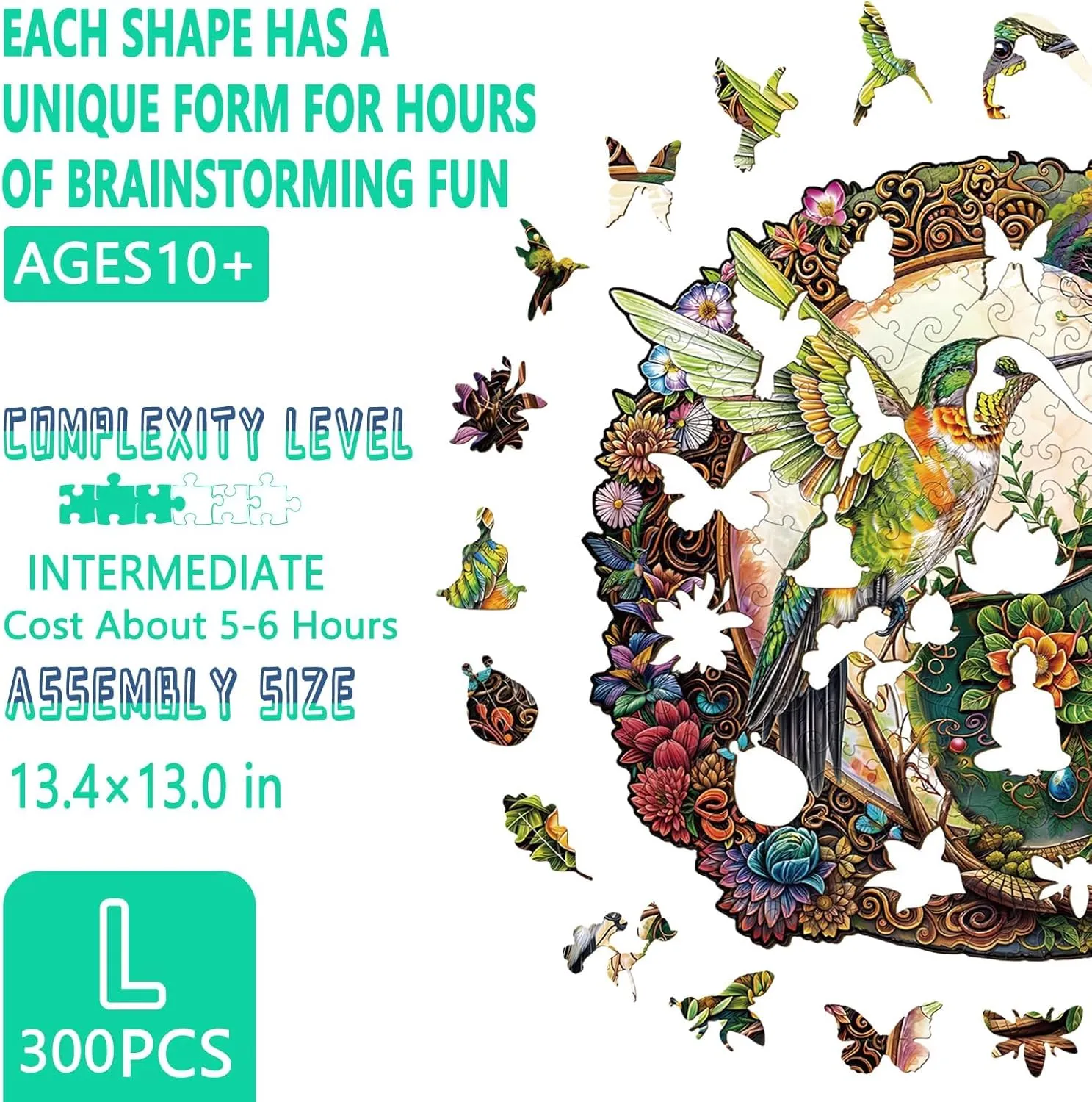 Wooden Puzzles for Adults - Yin Yang Hummingbird Wood Puzzle, Unique Shape Wooden Jigsaw Puzzles for Adults, Wood Puzzles Adult, Perfect for Birthday Gift, Family Puzzle, 300 Piece 13.4 x 13in