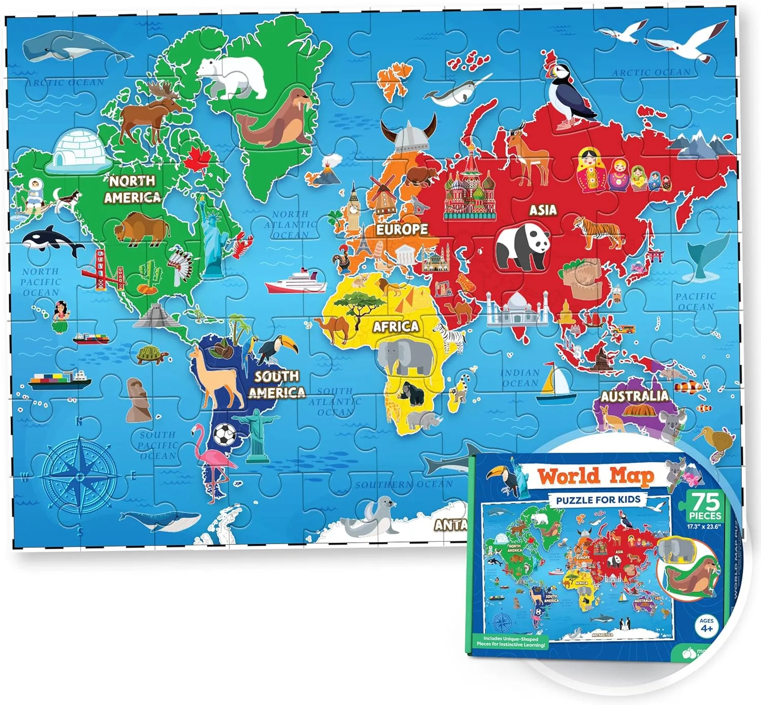 World Map Puzzle for Kids - 75 Piece - World Puzzles with Continents - Childrens Jigsaw Geography Puzzles for Kids Ages 4-8, 5, 6, 7, 8-10 Year Olds - Globe Atlas Puzzle Maps Learning Games Gifts