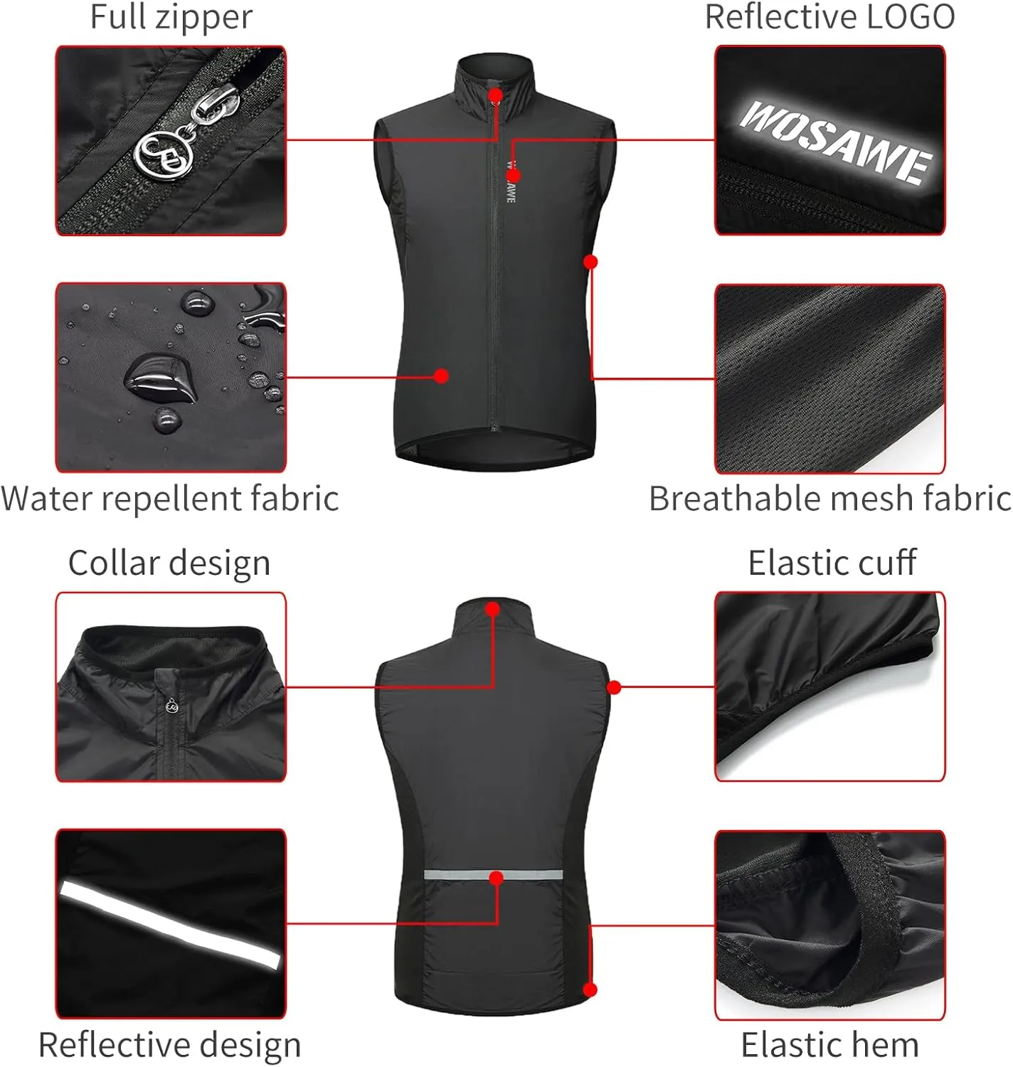 WOSAWE Cycling Vest Lightweight Windbreaker Reflective Gilet for Hiking Runing Fishing Commuting