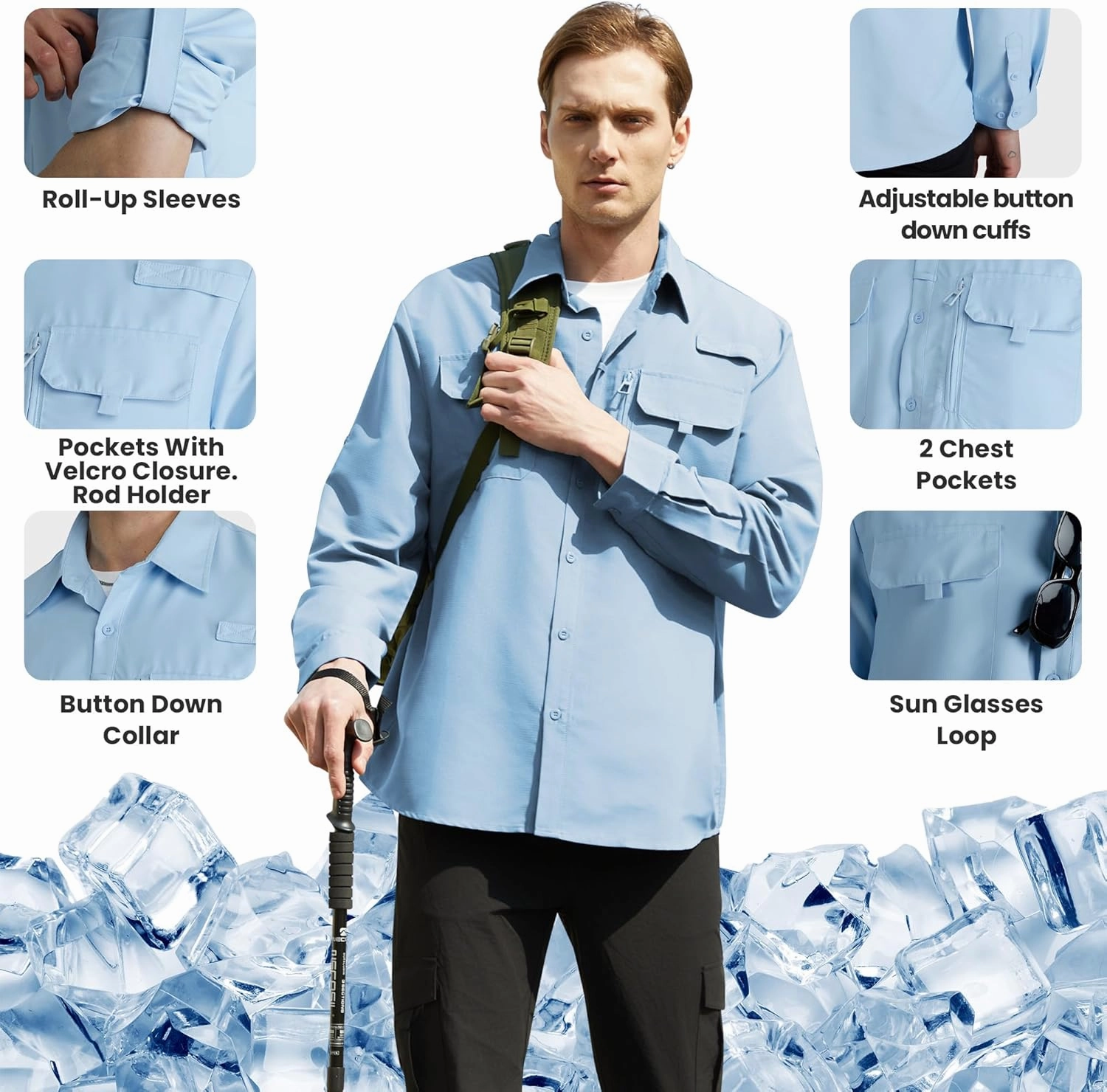 WULFUL Men's Sun Protection Fishing Shirts UPF 50  UV Lightweight Quick Dry Cooling Button Down Shirts for Work Hiking Safari