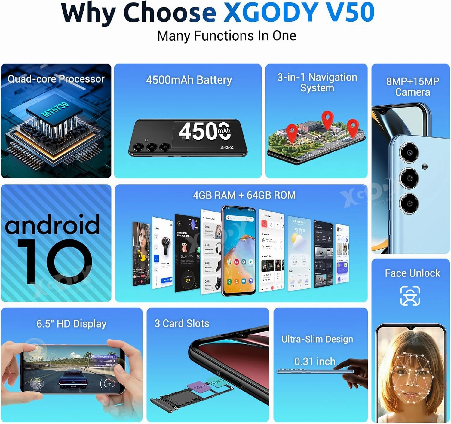 Xgody Unlocked Cell Phones V50, 4GB 64GB ROM, 6.52'' HD Incell Screen Smartphone, Dual 4G LTE Unlock Android Phone, 13MP 5MP Camera, Face Unlock, 4500mAh Battery Mobile Phone (Purple)