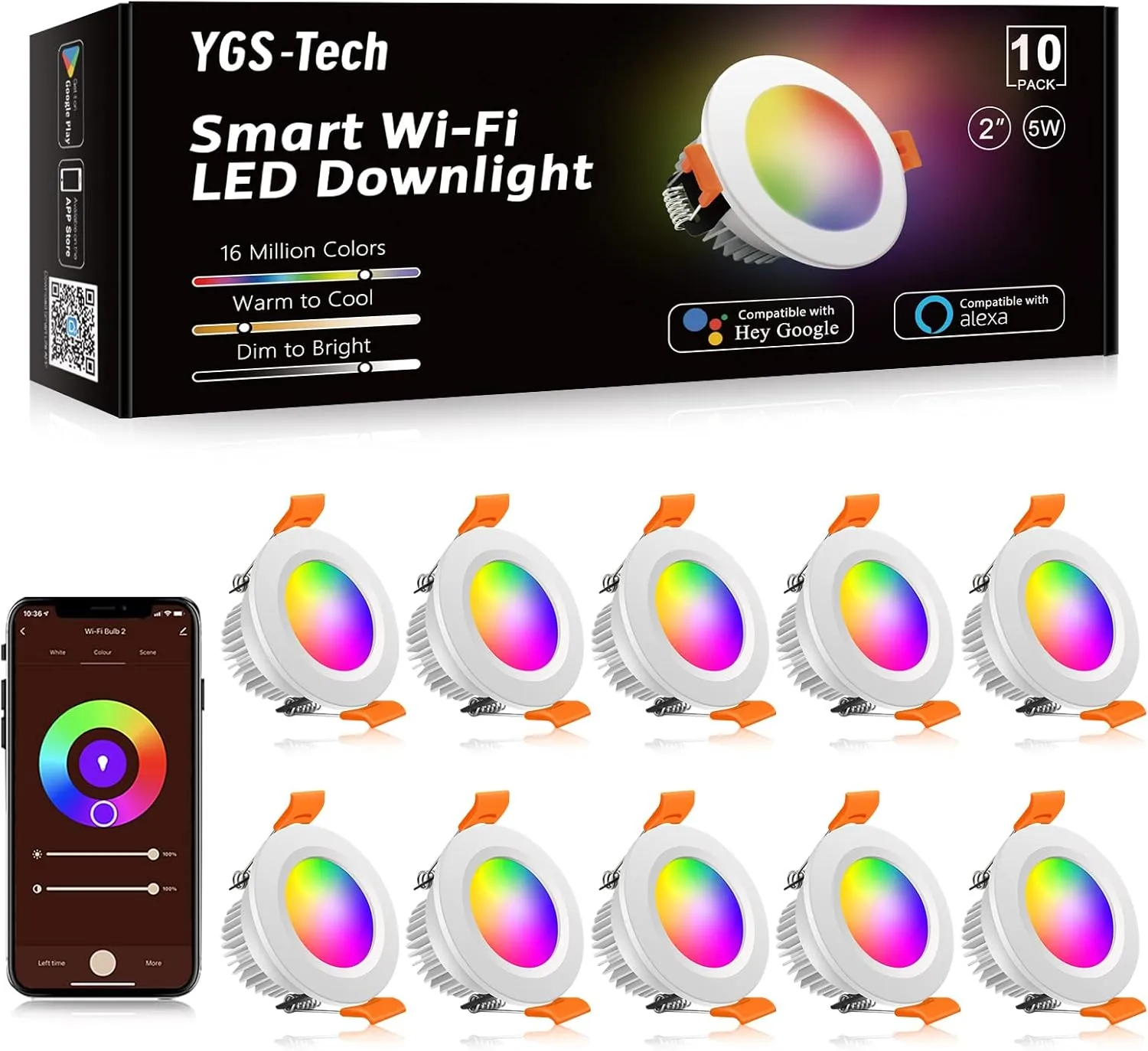 YGS-Tech Smart 2 Inch LED Recessed Lighting RGB WiFi Downlight, 5W Compatible with Alexa and Google Home, Dimmable RGB & CCT 2700-6500K Color Changing, 120V Ceiling Light with LED Driver (10 Pack)