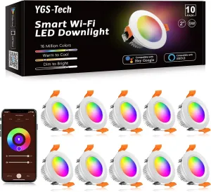 YGS-Tech Smart 2 Inch LED Recessed Lighting RGB WiFi Downlight, 5W Compatible with Alexa and Google Home, Dimmable RGB & CCT 2700-6500K Color Changing, 120V Ceiling Light with LED Driver (10 Pack)