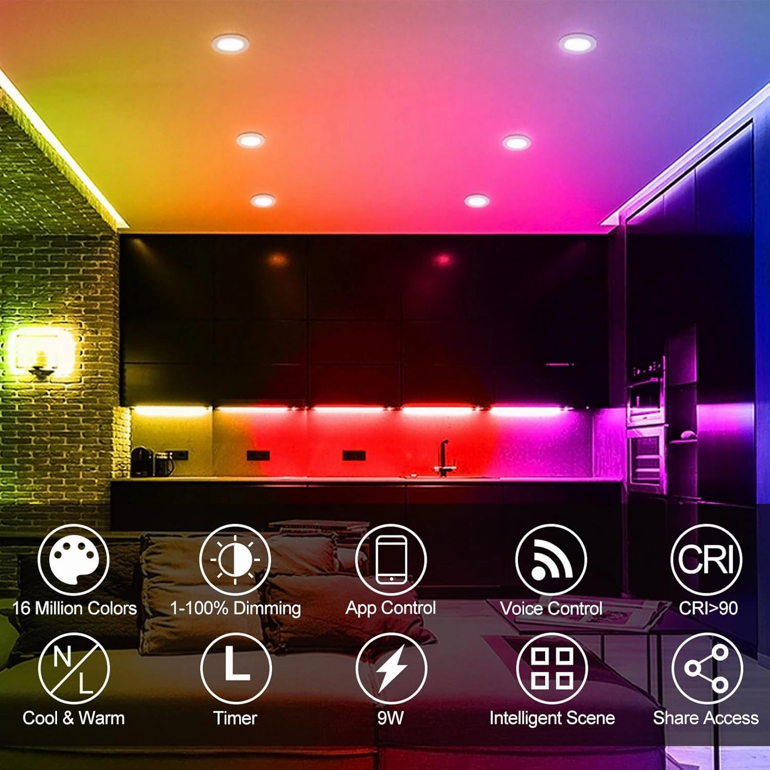 YGS-Tech 4 Inch RGB WiFi Recessed Lighting Downlight, 9W Compatible With Alexa and Google Home, Dimmable RGB & CCT 2700-6500K Color Changing, 120V LED Ceiling Light With Driver (4 Pack)