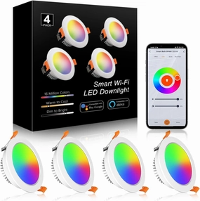 YGS-Tech 4 Inch RGB WiFi Recessed Lighting Downlight, 9W Compatible With Alexa and Google Home, Dimmable RGB & CCT 2700-6500K Color Changing, 120V LED Ceiling Light With Driver (4 Pack)