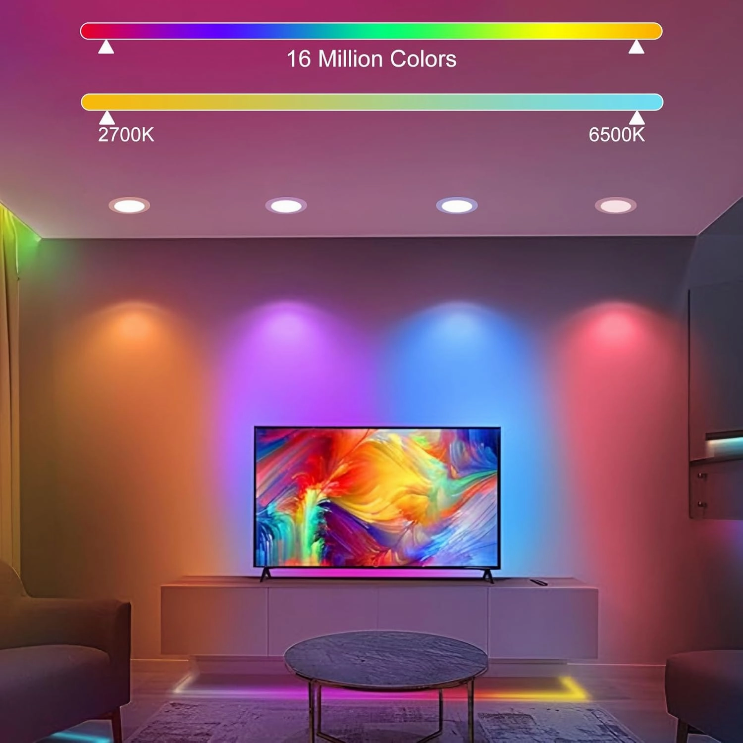 YGS-Tech 4 Inch RGB WiFi Recessed Lighting Downlight, 9W Compatible With Alexa and Google Home, Dimmable RGB & CCT 2700-6500K Color Changing, 120V LED Ceiling Light With Driver (4 Pack)