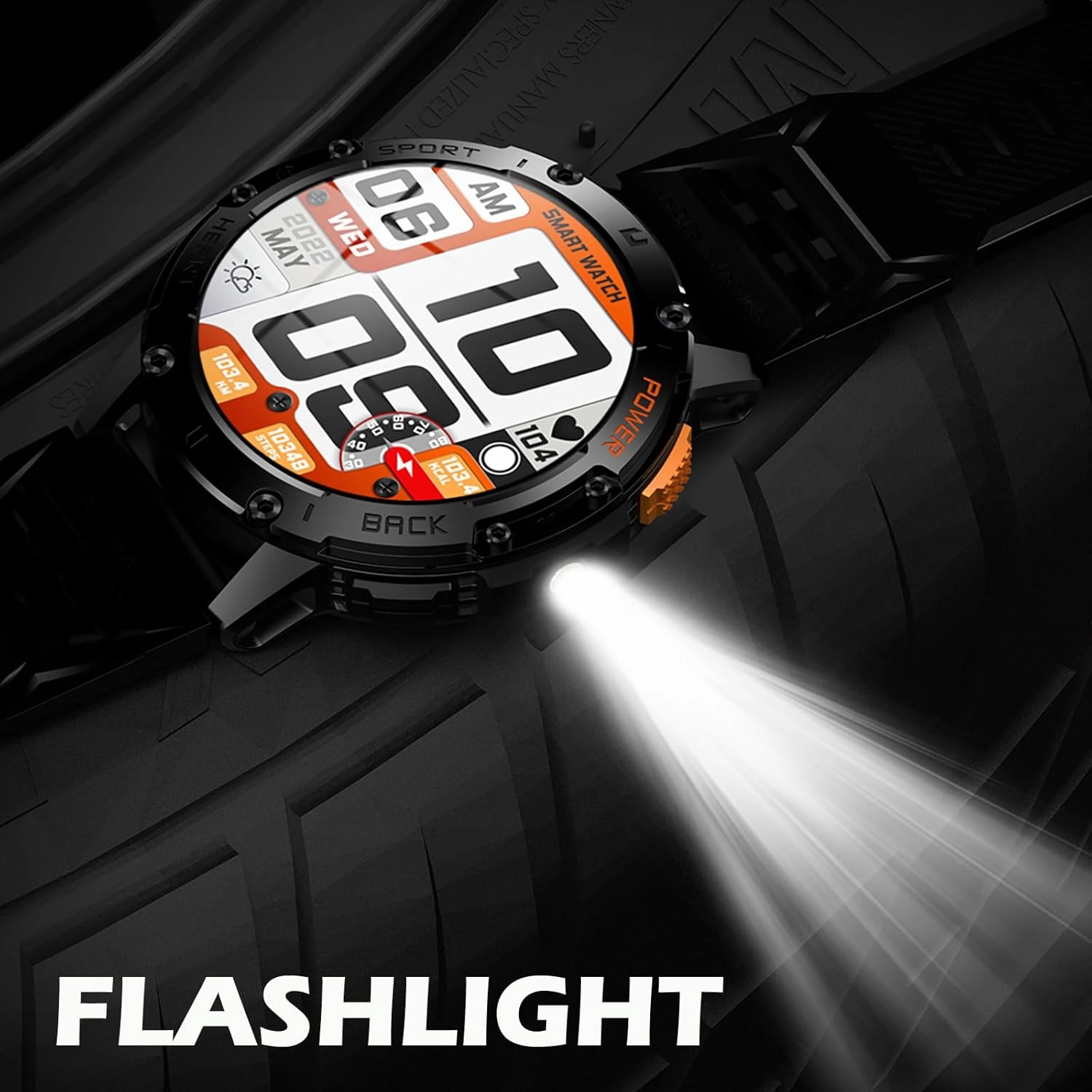 Yihou Military Smart Watches for Men with Flashlight IP68 Waterproof Smartwatch Tactical Rugged Outdoor Sports Fitness Tracker Watch Bluetooth Call Black