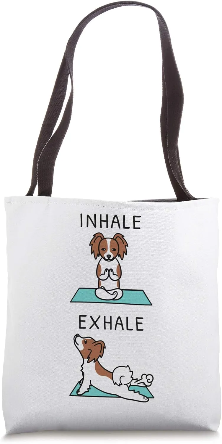 Yoga Inhale Exhale Papillon Dog Tote Bag