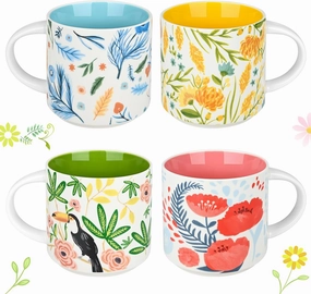 Yoiemivy Ceramic Coffee Mugs Set of 4, 16 oz Large Spring Flower Mugs Vintage Floral Coffee Cups with Handles Cute Aesthetic Easter Mug Solid Restaurant Porcelain Tea Mug - Gifts for Women Mom