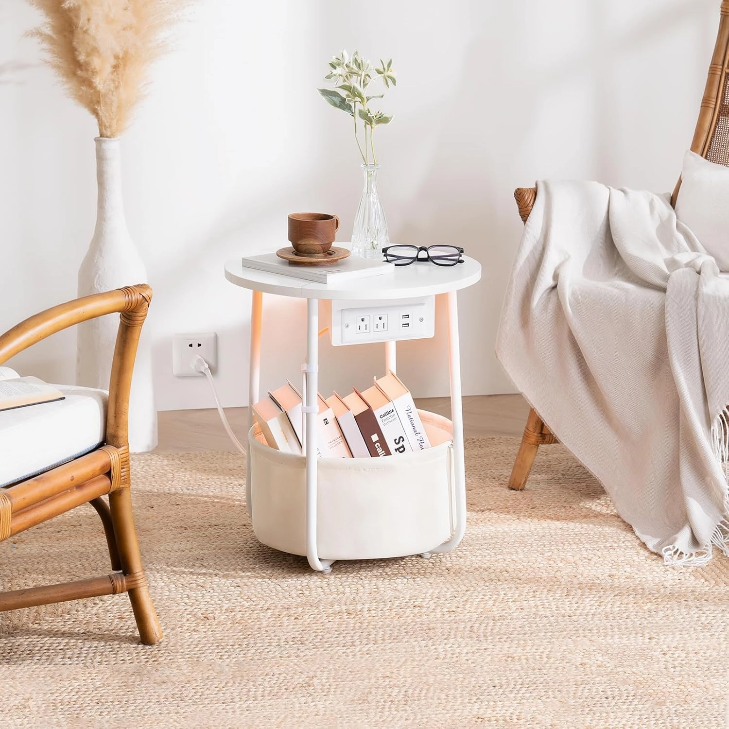 Yoobure Small Side Table, LED Night Stand with Charger Station, Round End Table, Basket Storage for Living Room or Bedroom, Modern Accent Nightstand for Small Spaces, 15.8" × 15.8" × 19.7", White