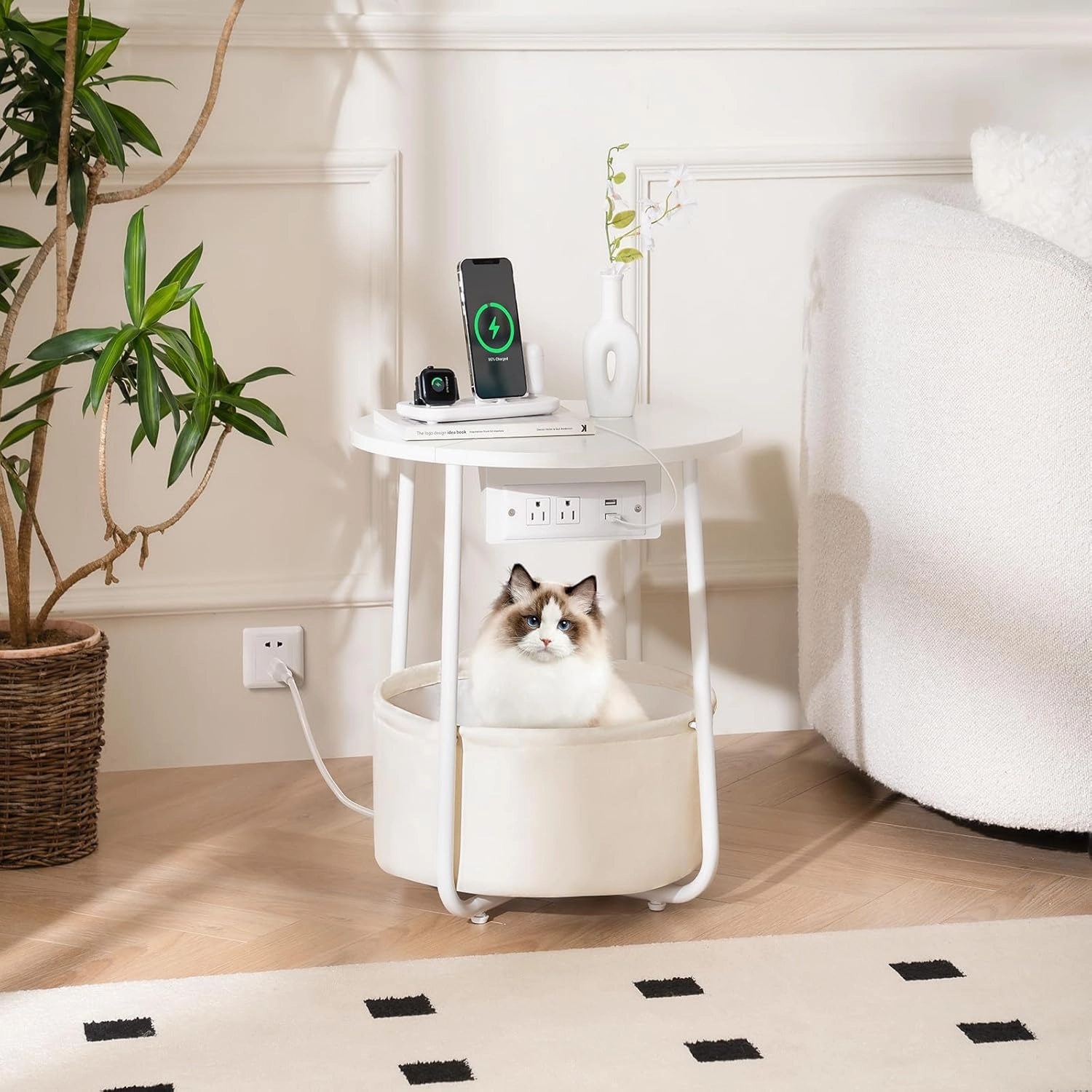 Yoobure Small Side Table, LED Night Stand with Charger Station, Round End Table, Basket Storage for Living Room or Bedroom, Modern Accent Nightstand for Small Spaces, 15.8" × 15.8" × 19.7", White