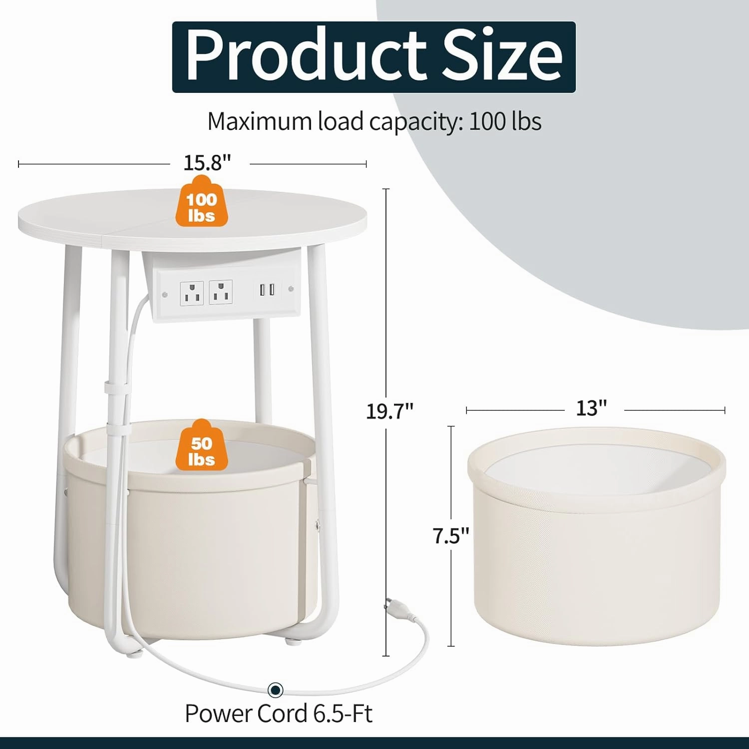 Yoobure Small Side Table, LED Night Stand with Charger Station, Round End Table, Basket Storage for Living Room or Bedroom, Modern Accent Nightstand for Small Spaces, 15.8" × 15.8" × 19.7", White