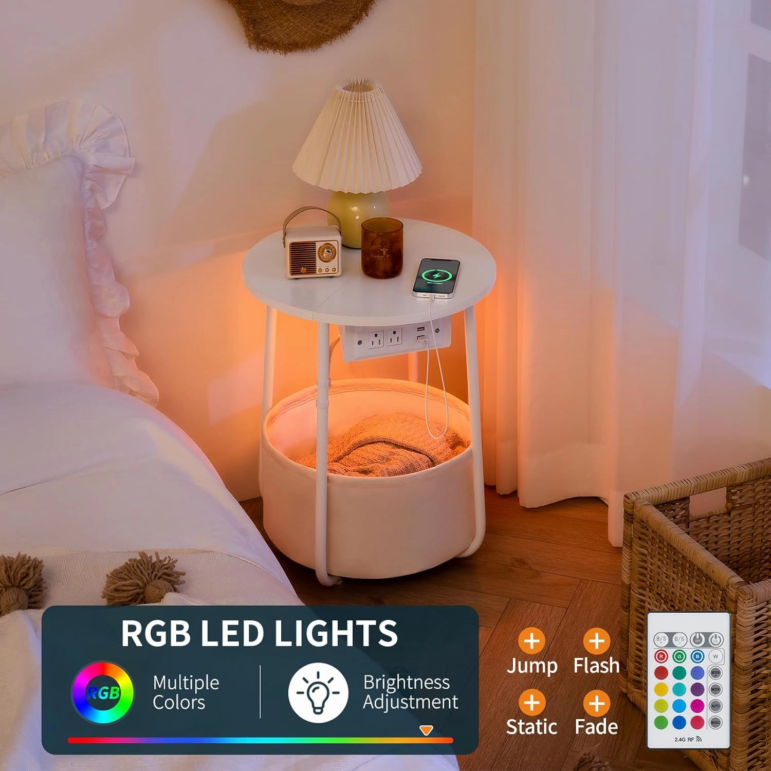 Yoobure Small Side Table, LED Night Stand with Charger Station, Round End Table, Basket Storage for Living Room or Bedroom, Modern Accent Nightstand for Small Spaces, 15.8" × 15.8" × 19.7", White