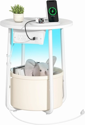 Yoobure Small Side Table, LED Night Stand with Charger Station, Round End Table, Basket Storage for Living Room or Bedroom, Modern Accent Nightstand for Small Spaces, 15.8" × 15.8" × 19.7", White