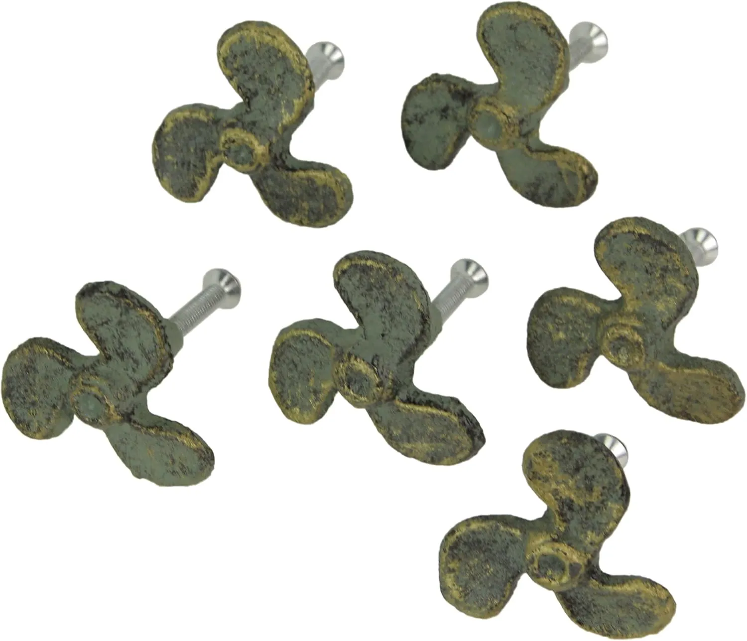 Zeckos Set of 6 Verdigris Green Cast Iron Boat Propeller Cabinet Knobs - Nautical Drawer Pulls for Rustic Coastal Charm - Easy Installation - 1.75 Inch Diameter