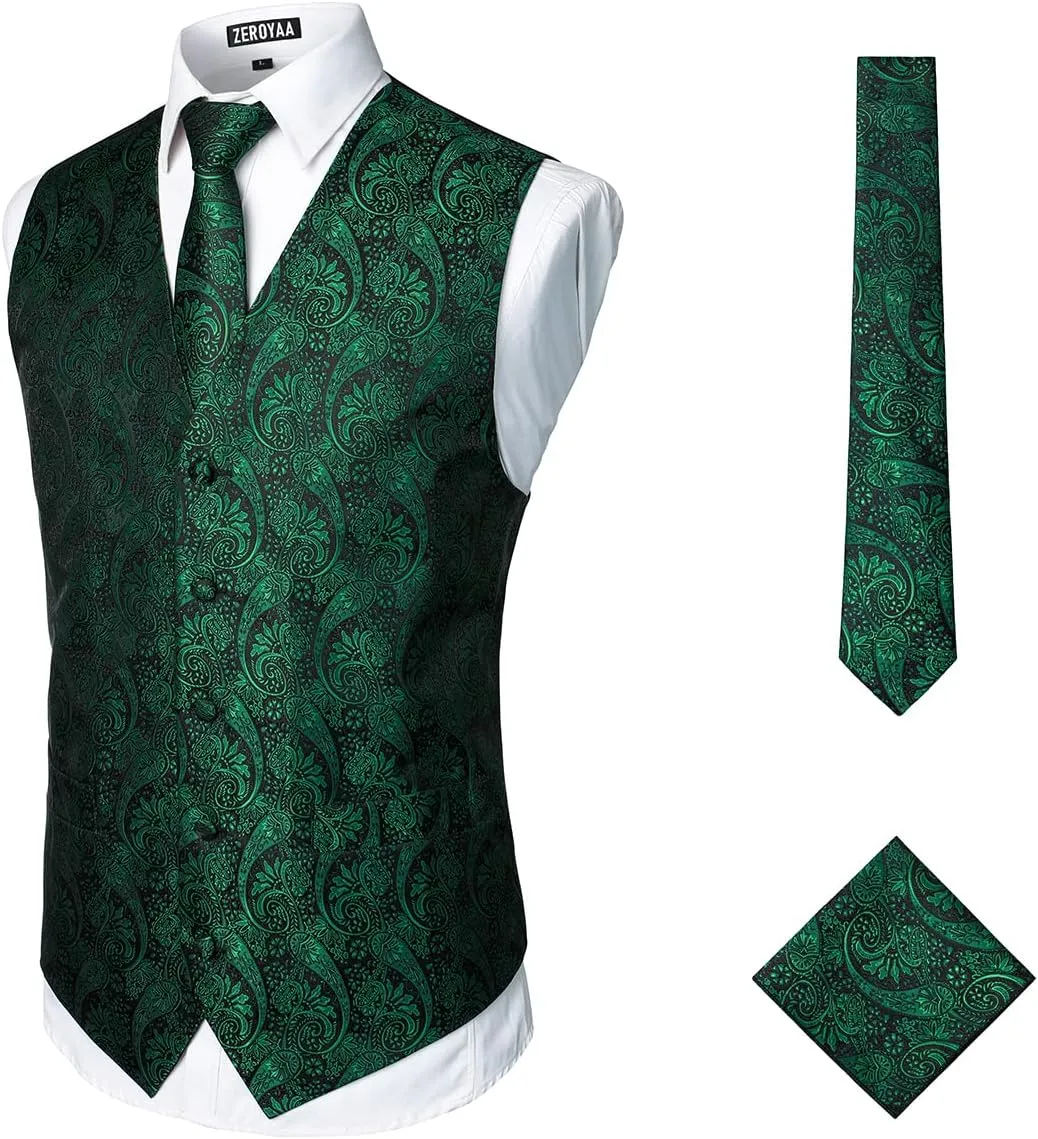 ZEROYAA Mens Classic 3pc Jacquard Paisley Vest Set Necktie Pocket Square Waistcoat for Suit or Tuxedo