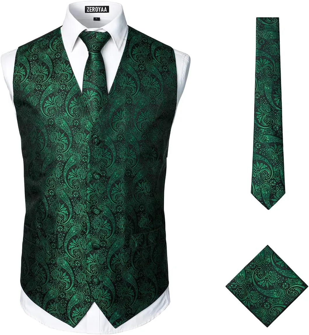 ZEROYAA Mens Classic 3pc Jacquard Paisley Vest Set Necktie Pocket Square Waistcoat for Suit or Tuxedo