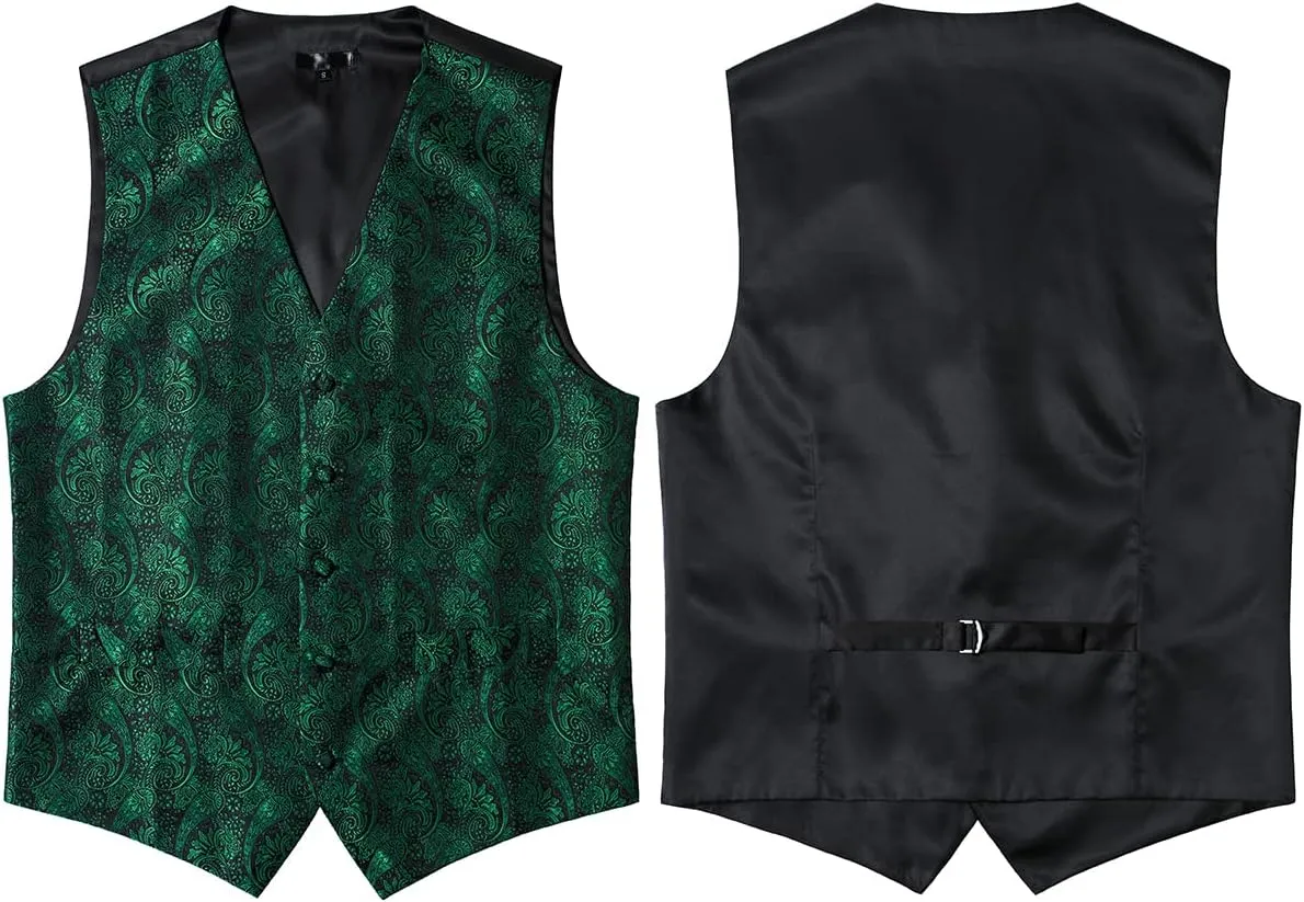 ZEROYAA Mens Classic 3pc Jacquard Paisley Vest Set Necktie Pocket Square Waistcoat for Suit or Tuxedo