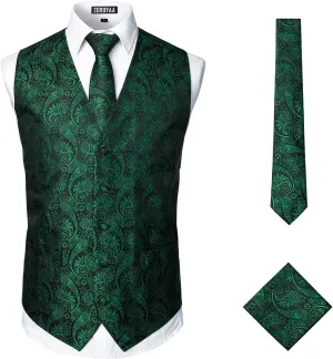 ZEROYAA Mens Classic 3pc Jacquard Paisley Vest Set Necktie Pocket Square Waistcoat for Suit or Tuxedo