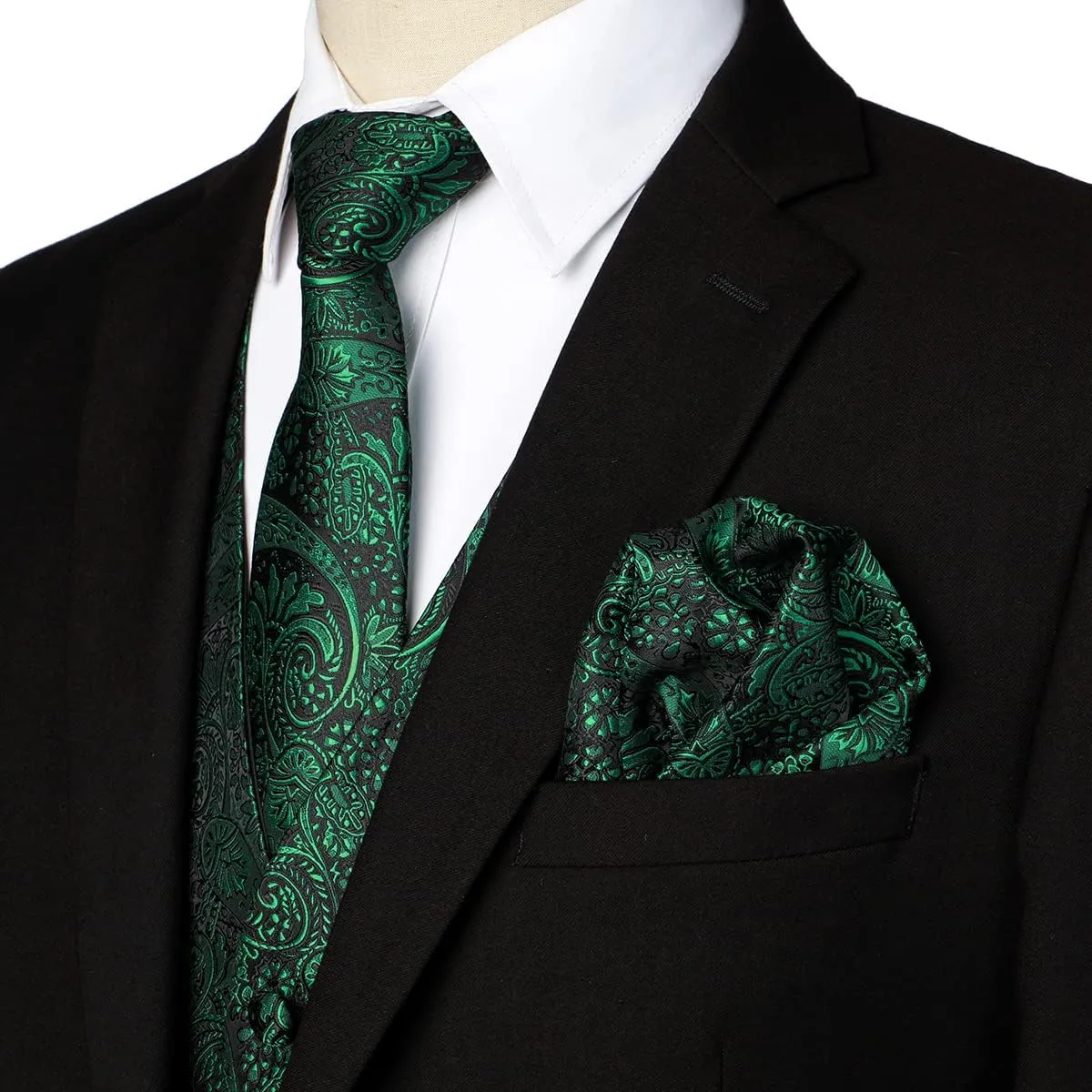 ZEROYAA Mens Classic 3pc Jacquard Paisley Vest Set Necktie Pocket Square Waistcoat for Suit or Tuxedo