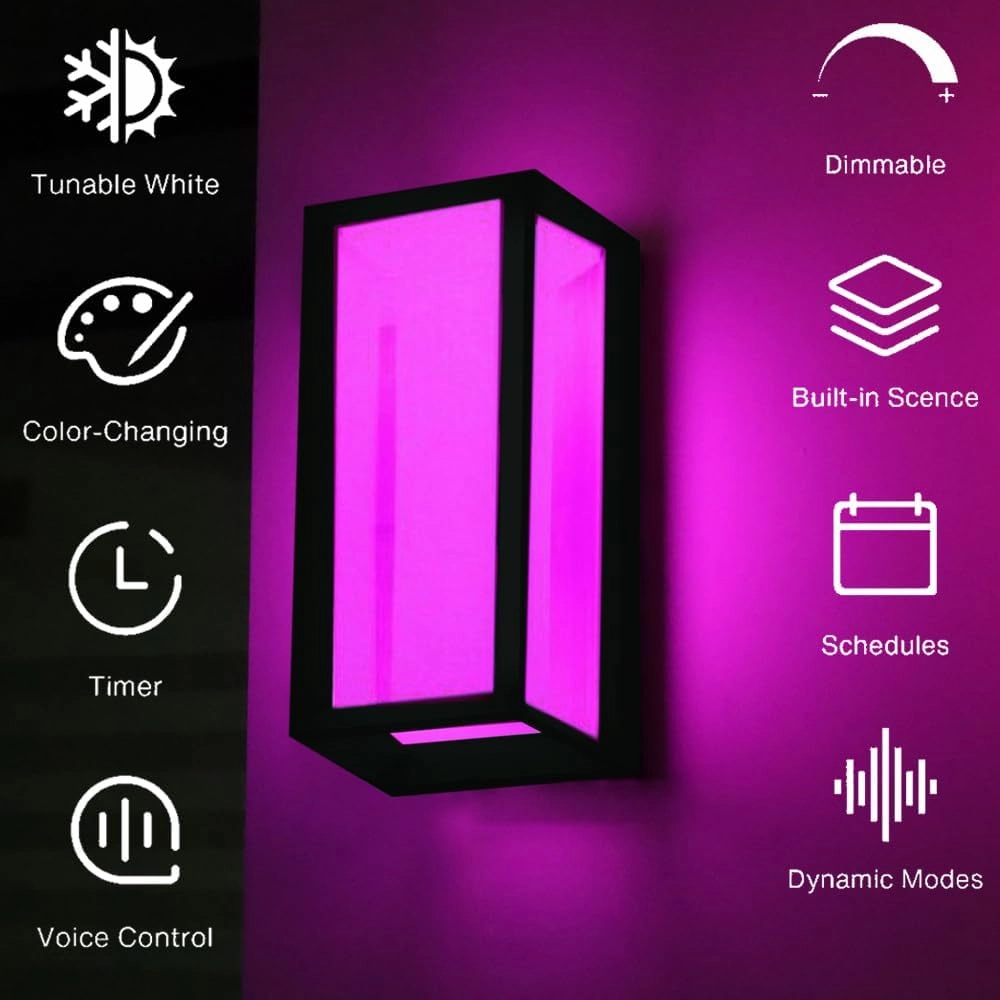 Zigbee 12W RGB Color Changing Outdoor Wall Lights Fixture, Tunable White Warm to Cool RGBW Modern Exterior Sconce, 2700k-6500k,Works with Philips Hue, Smart Life, Alexa (Hub Required)
